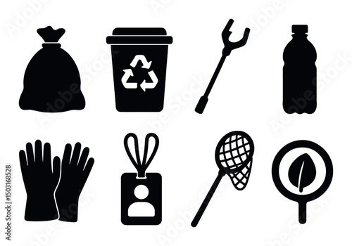 Beach cleanup silhouette icons set – simple, environment and conservation symbols
