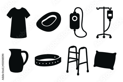 Patient care silhouette icons set – medical, healthcare support symbols