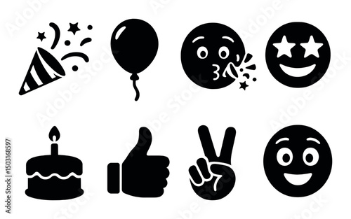 Celebration emoji silhouette icons set – simple and playful emotive symbols