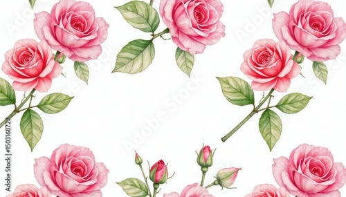 Delicate watercolor rose buds & leaves repeat seamlessly , design, pink