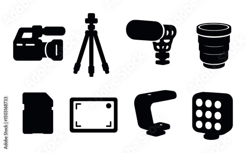 Video gear silhouette icons set – filming, camera and production tools collection