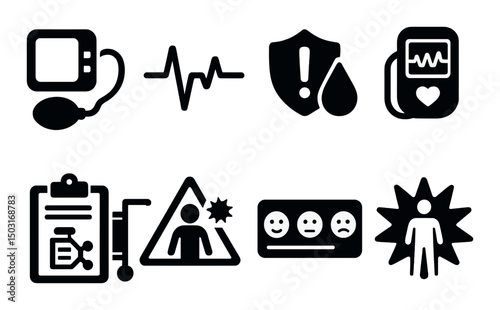 Medical monitoring silhouette icons set – health, diagnostics and patient care symbols