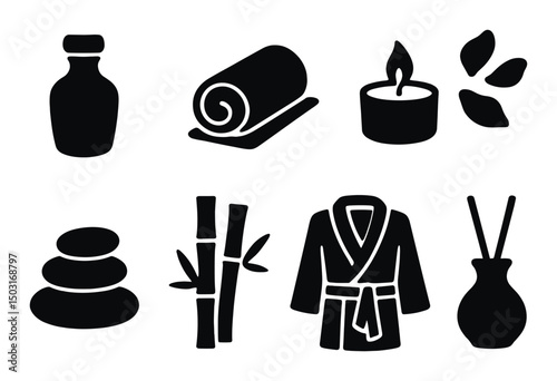 Spa essentials silhouette icons set – relaxation, wellness and tranquility symbols
