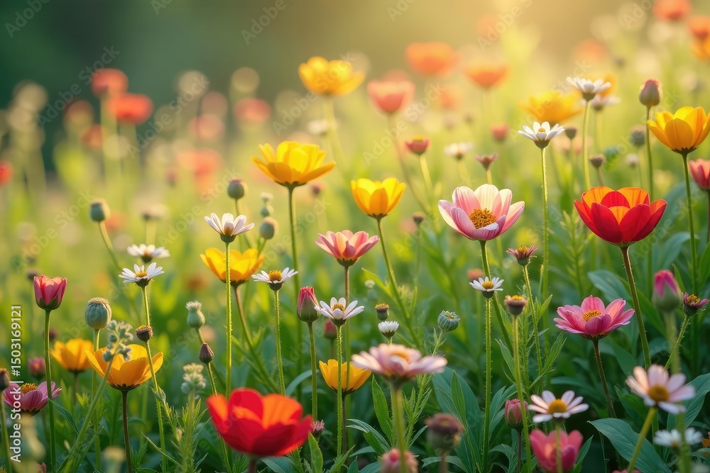 Fototapeta premium Delicate wildflowers bloom densely, creating a colorful floral field , illustration, delicate, field