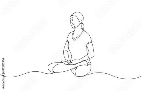 Continuous one line drawing of beautiful female yoga pose character, Doodle illustration of relaxing workout, One continuous single line of woman sitting yoga isolated on white background.