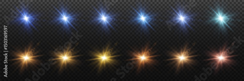 Stars collection. Sun rays. Light flashes. Realistic sun rays.