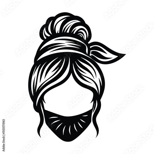 Messy hair bun, vector woman silhouette. Beautiful girl drawing illustration, Women face silhouette with hair bun