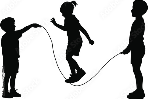 Children playing together jumping rope black silhouette illustration for childhood fun activities