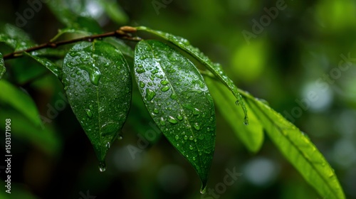 A vibrant rainforest soaking in fresh monsoon rain, leaves glistening with water droplets, symbol of renewal and life