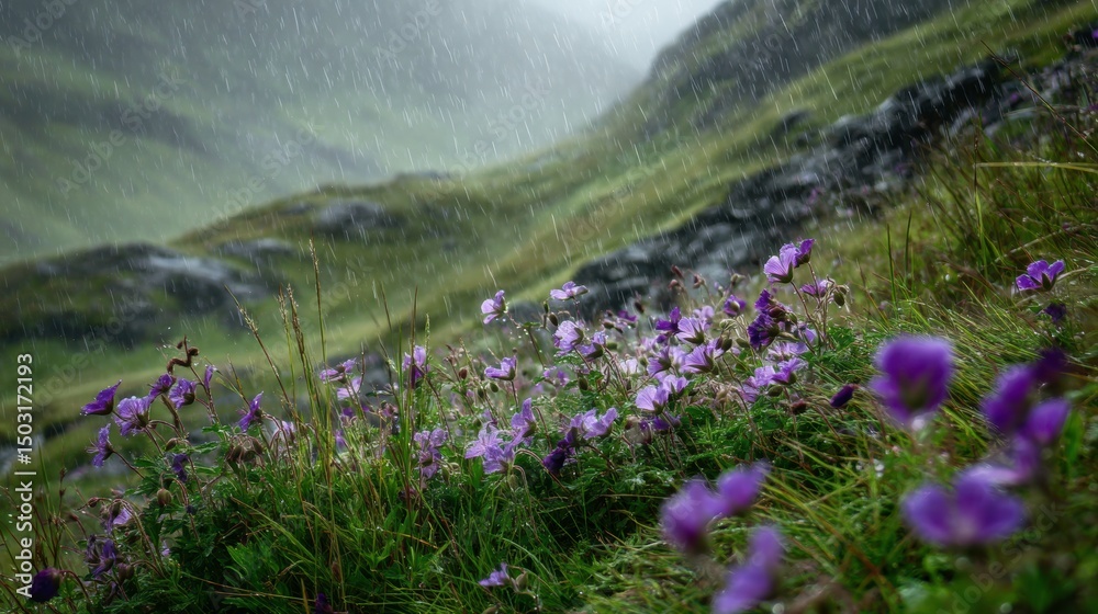 Obraz premium Raindrops nourishing blooming wildflowers on a misty hillside, nature thriving through the rain