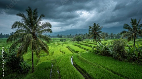 Lush green rice fields in the countryside under heavy monsoon clouds, water droplets glistening on the leaves -