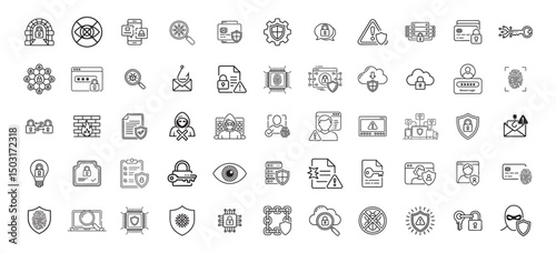 set of cybersecurity icons, data protection and privacy symbol line art, internet security and information safety
