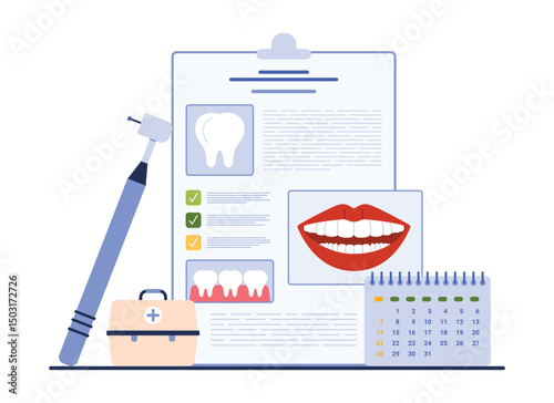 Professional dental checkup planning. Calendar reminder to plan visit to dentist for healthy smile care and teeth health consultation, orthodontic treatment in clinic cartoon vector illustration