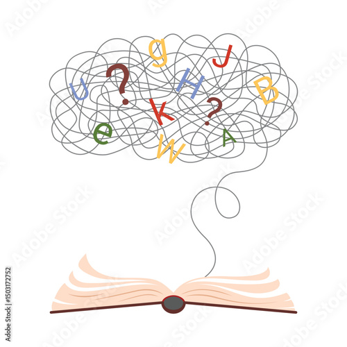 Dyslexia, school learning difficulty and disability. Open book with knot of thread and chaos of letters, dyslexic problems with reading, writing and spelling for pupil cartoon vector illustration