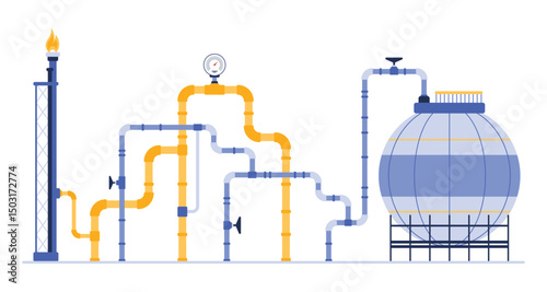Pipeline to storage tank of gas industry. Metal blue yellow pipes with valve, chimney tower with fire and LNG container with natural gas under pressure, factory equipment cartoon vector illustration