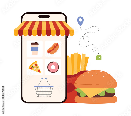Online fast food order and delivery, catering service mobile app. Takeaway food, burger and fries, pizza and donut, coffee and hot dog on phone screen with a canopy cartoon vector illustration
