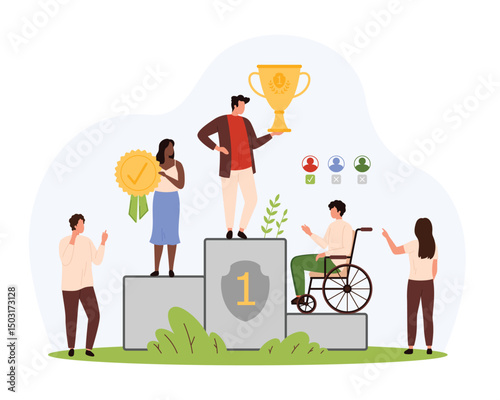 Discrimination and bias against employees with disability, ableism and employment. Tiny people standing on winners podium, prejudice and wrong place for man in wheelchair cartoon vector illustration