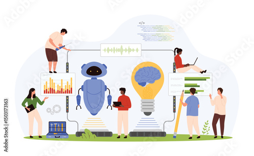 AI innovation technology for data research. Tiny people work with digital mind, brain and microchips inside light bulb and robot android in creative connection system cartoon vector illustration