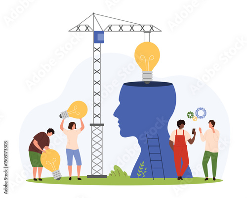 Smart business, artificial intelligence for education and projects. Tiny people and construction crane install light bulb inside AI brain in abstract head silhouette cartoon vector illustration
