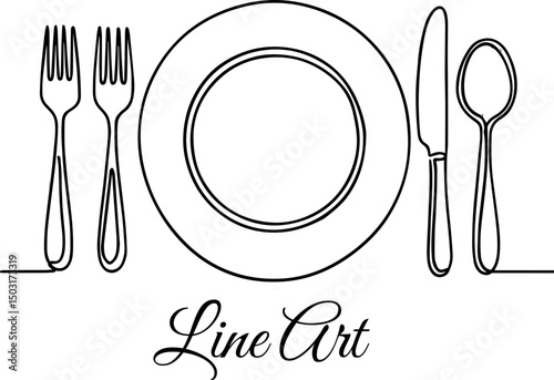 Plate with Cutlery Continuous Line Art