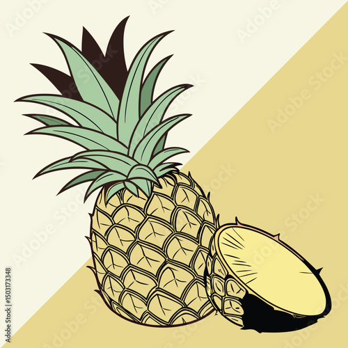 Tropical Pineapple Vector with Spiky Green Leaves and Fresh, Juicy, Vibrant Fruit Illustration Design

