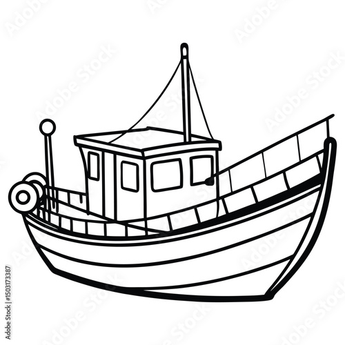 A black and white illustration of a fishing boat with a curved hull, featuring a cabin with windows, a chimney, and a storage box on the deck. The boat is tilted slightly to one side
