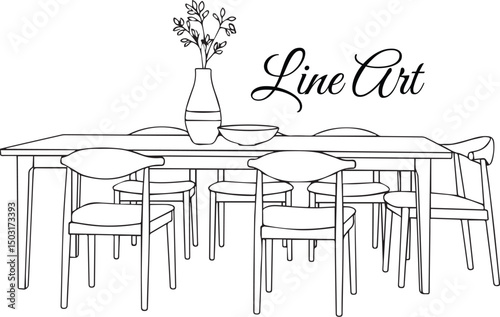 Dining Table with Chairs and Vase Line Art