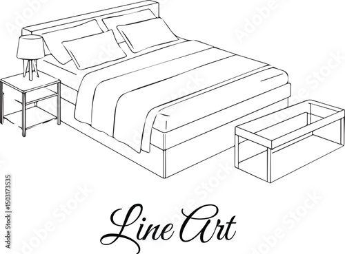 Bedroom Set with Bed, Nightstand, and Bench Line Art