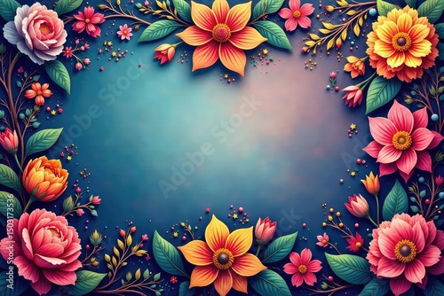 Intricate swirling floral motifs, vibrant hues, ethnic, fabric, design