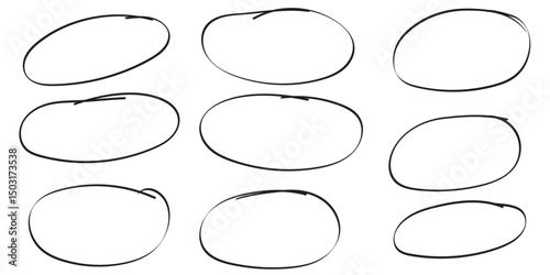 Hand drawn Black ovals and circles set. Collection of nine hand drawn circles set of frames. Hand drawn circle and oval sketch frame illustration.
