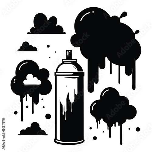 Black and white vector featuring a central spray paint can with drips, surrounded by stylized clouds and paint splatters. Ideal for street art designs, posters, or urban-themed graphics.
