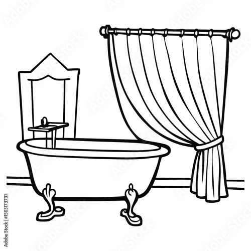 Illustration of a vintage clawfoot bathtub with a small shelf beside it. A decorative shower curtain drapes next to the tub, and a mirror is mounted on the wall behind it. The image is outlined