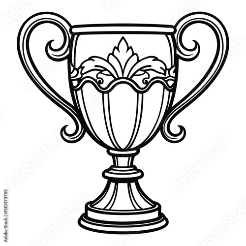 A decorative trophy featuring ornate flourishes, two curved handles, and a floral design on the front. The trophy stands on a cylindrical base, showcasing elegance with a symmetrical shape