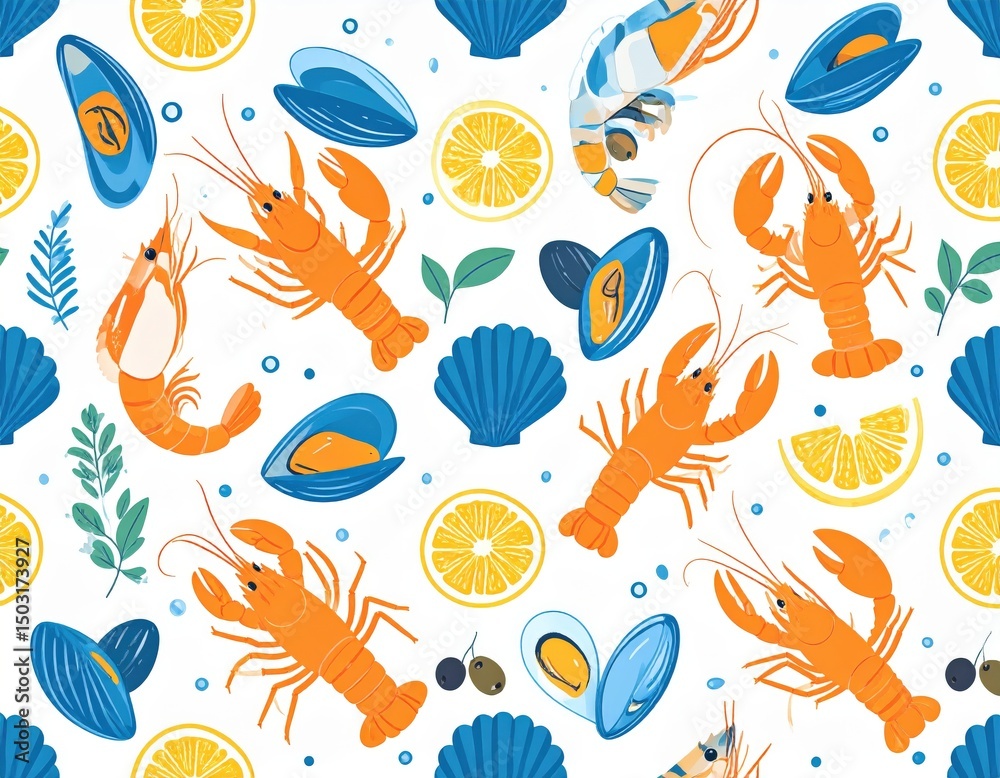 Obraz premium Seafood Delight A Vibrant Pattern of Lobsters Mussels Shrimp and Lemon Slices on White