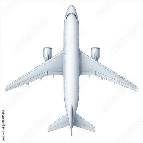 A white airplane is shown in a profile view. The plane is large and has a sleek design. Concept of modernity and sophistication, as well as the idea of travel and exploration