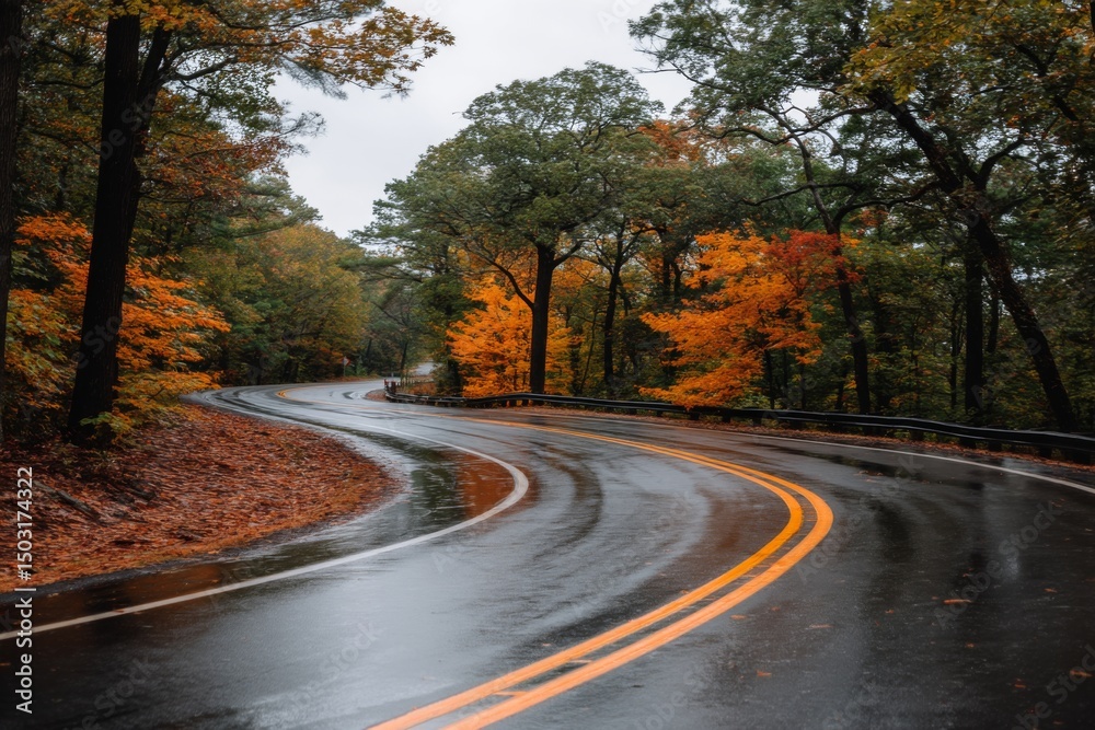 Fototapeta premium Autumn drive curvy road in nature scenic landscape rainy weather serene environment for travel enthusiasts