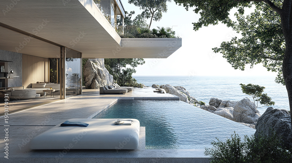 Fototapeta premium Modern oceanfront villa with stunning pool and serene views of sea