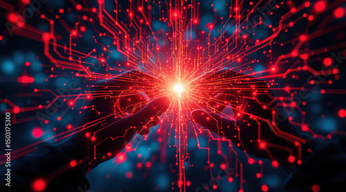 Hands technology innovation digital network red light circuit futuristic connection glowing abstract energy data science communication electronic