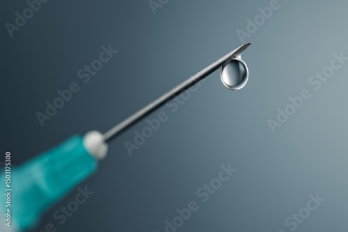 Syringe with Liquid Drop. Close up of a syringe needle with a clear droplet of liquid, medical concept on soft gradient background.
