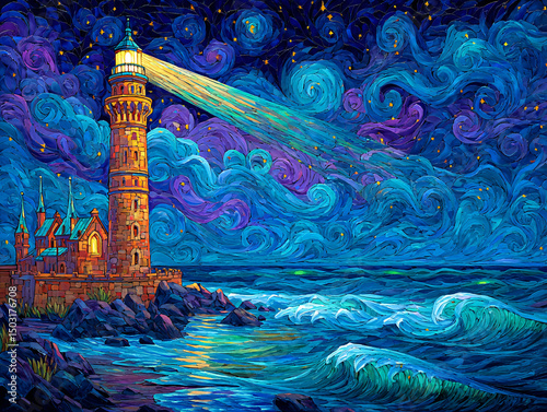 a nighttime scene featuring a lighthouse with illuminated lights, standing on a rocky shore. The sky is filled with vibrant, swirling clouds in shades of blue, purple, and hints of yellow