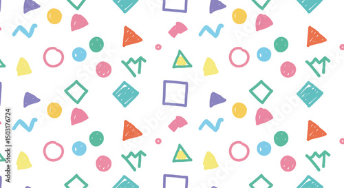 Fun colorful line doodle seamless pattern. Creative minimalist style art background for children or trendy design with basic shapes. Simple childish scribble backdrop. white background