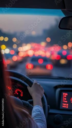 Evening Commute Woman Driving Through City Traffic