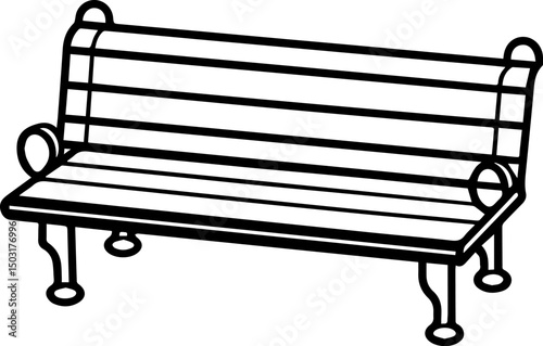 bench outline coloring book page, park bench line art vector illustration