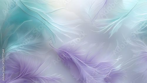 Abstract artwork featuring soft feathers in serene shades of blue, purple and white.