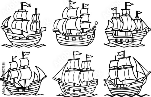 Set of vintage pirate ship outline book page vector illustration line art 