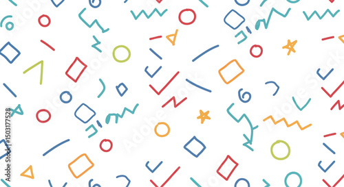 Fun colorful line doodle seamless pattern. Creative minimalist style art background for children or trendy design with basic shapes. Simple childish scribble backdrop. white background