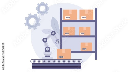 automated robotics storage and retrieval systems animation, Robot Arm putting box to conveyor animated video, Warehouse automation Clip, Industrial revolution footage Shipping Logistic motion graphics