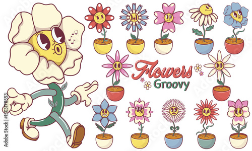 Set of groovy cartoon character flowers. Stickers with cute and fun nature character in 90s style