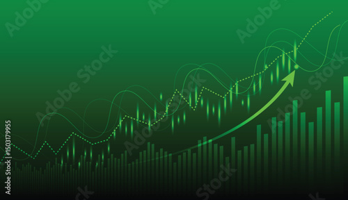 Abstract digital green stock market graph and chart with candle stock market graph investment trading illustration of vector financial background.