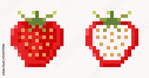Strawberry pixel icons Vector illustration on isolated background. Minimalistic 8-bit icon in retro style. Ideal for use in retro games, food labels, juice labels, kids products, or healthy lifestyle